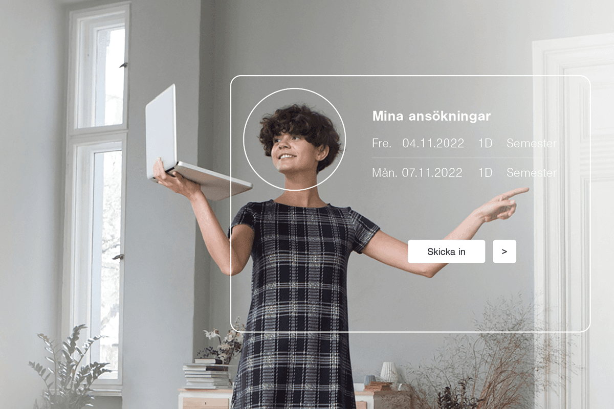 Kvinna med dator och text för Mina ansökningar