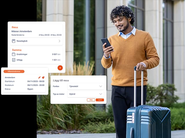 Man med resväska och mobiltelefon